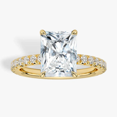 18K Yellow Gold Radiant Engagement Ring With Paved Band and Hidden Halo