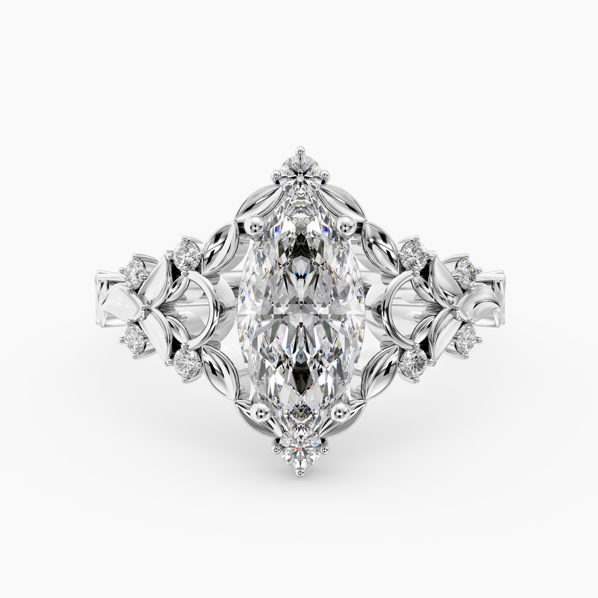 Hawthorne Marquise engagement ring setting in 18K white gold, front view.