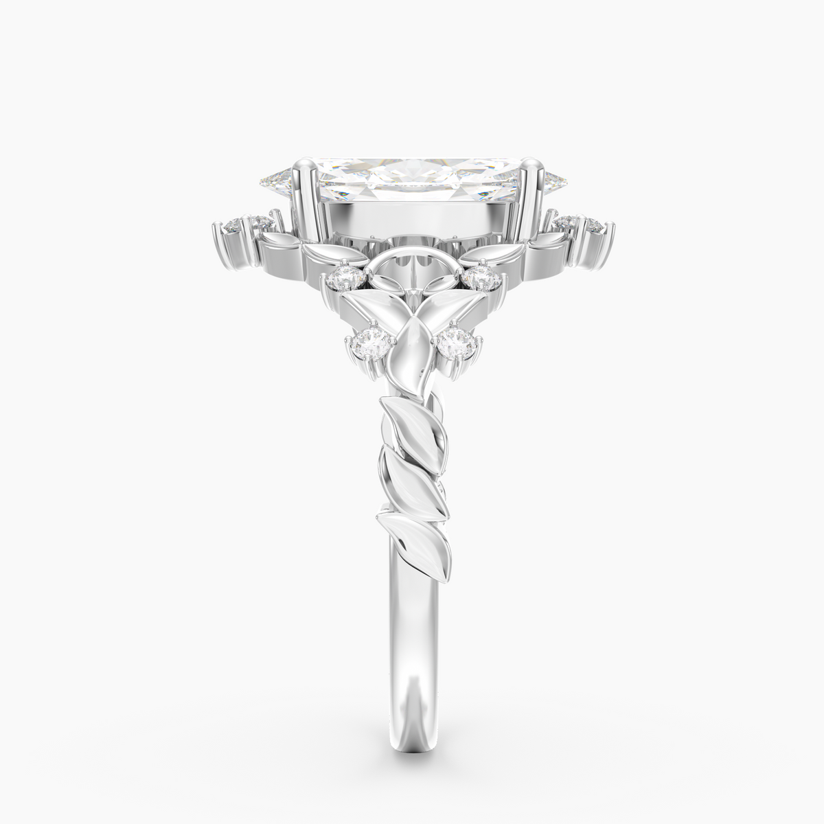 Hawthorne Marquise engagement ring setting in 18K white gold, side view.