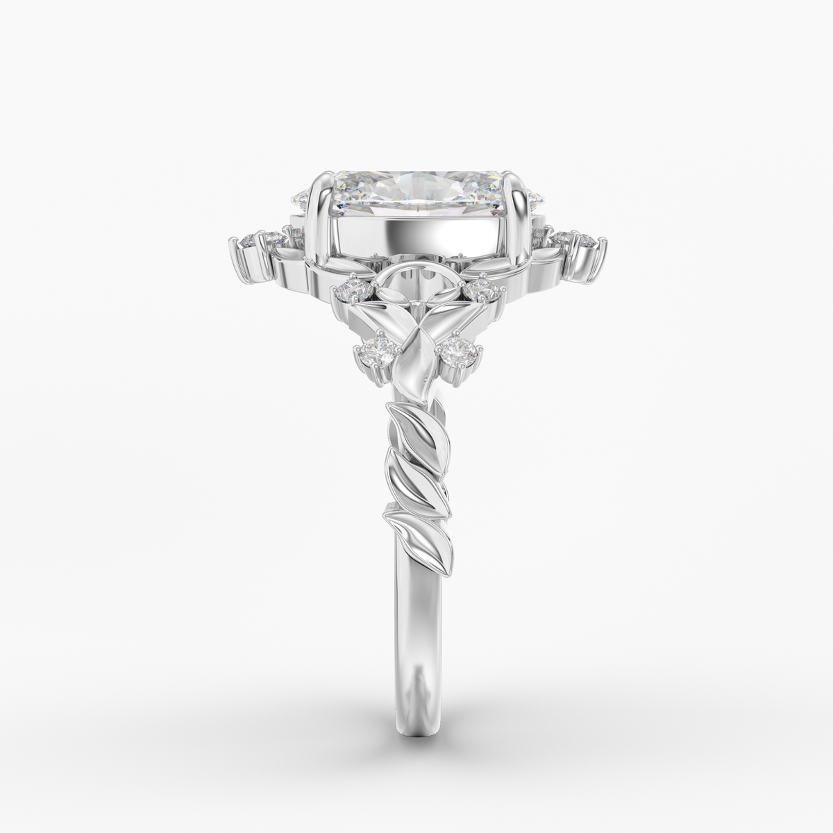 Hawthorne Oval engagement ring setting in 18K white gold, side view.
