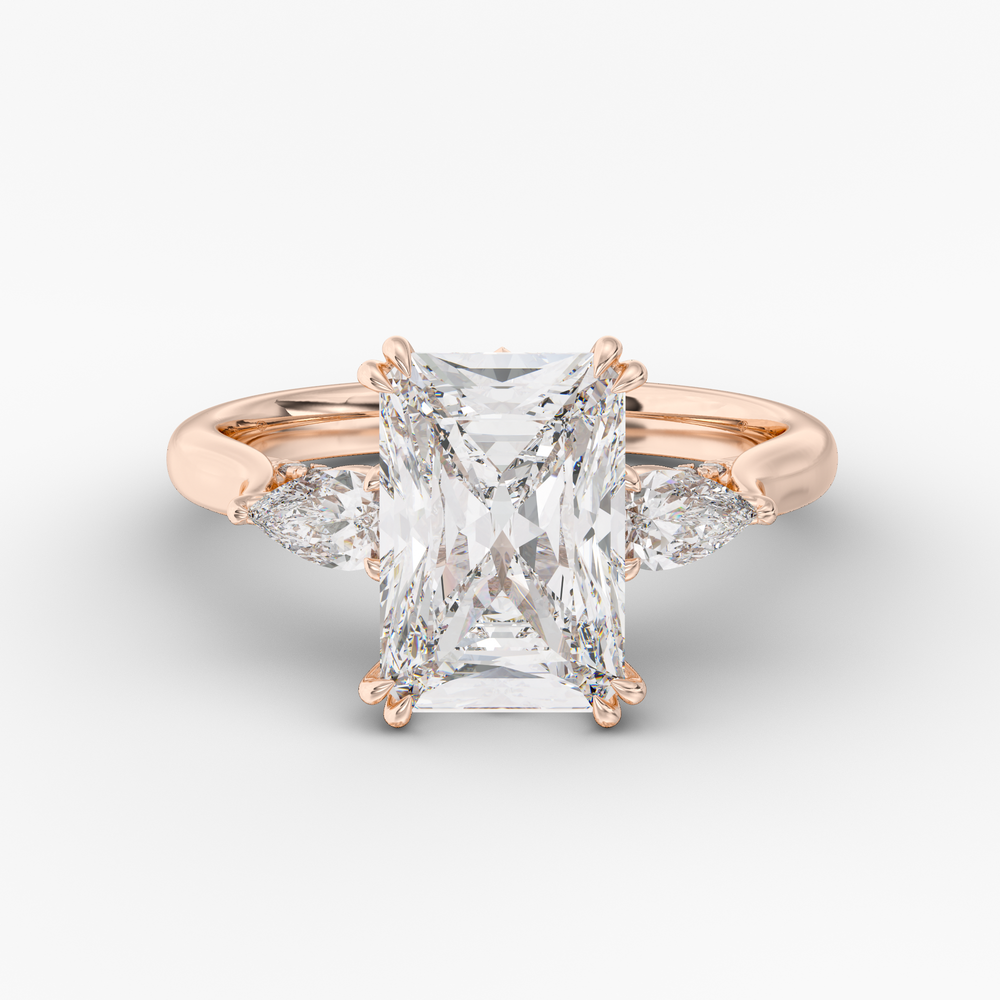Aurelian Radiant engagement ring setting in 18K rose gold, front view.