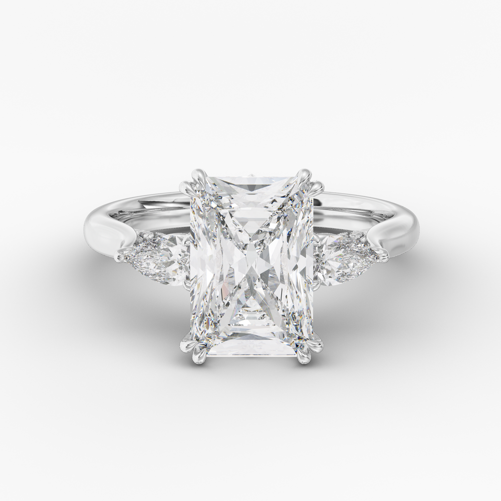 Aurelian Radiant engagement ring setting in 18K white gold, front view.