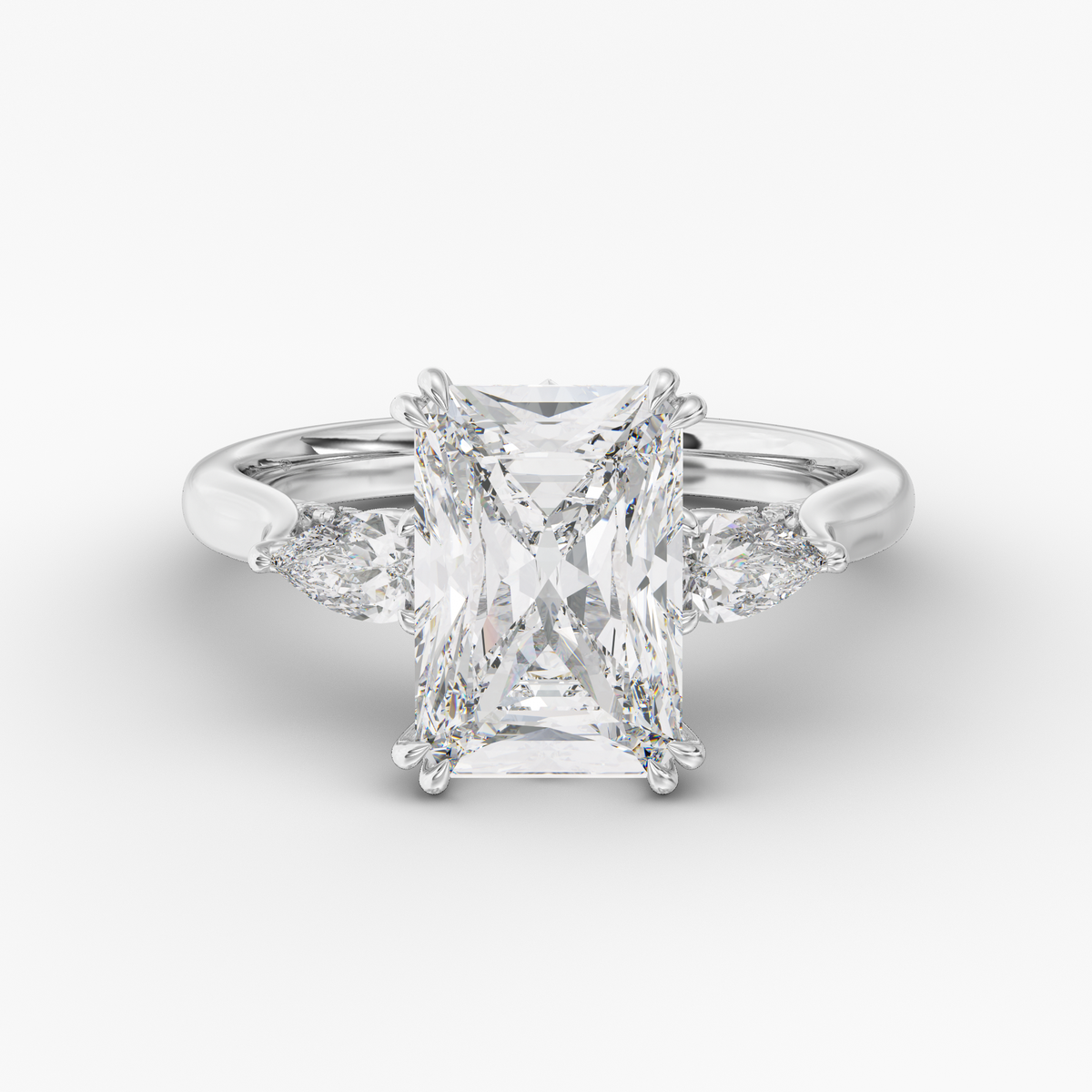 Aurelian Radiant engagement ring setting in 18K white gold, front view.