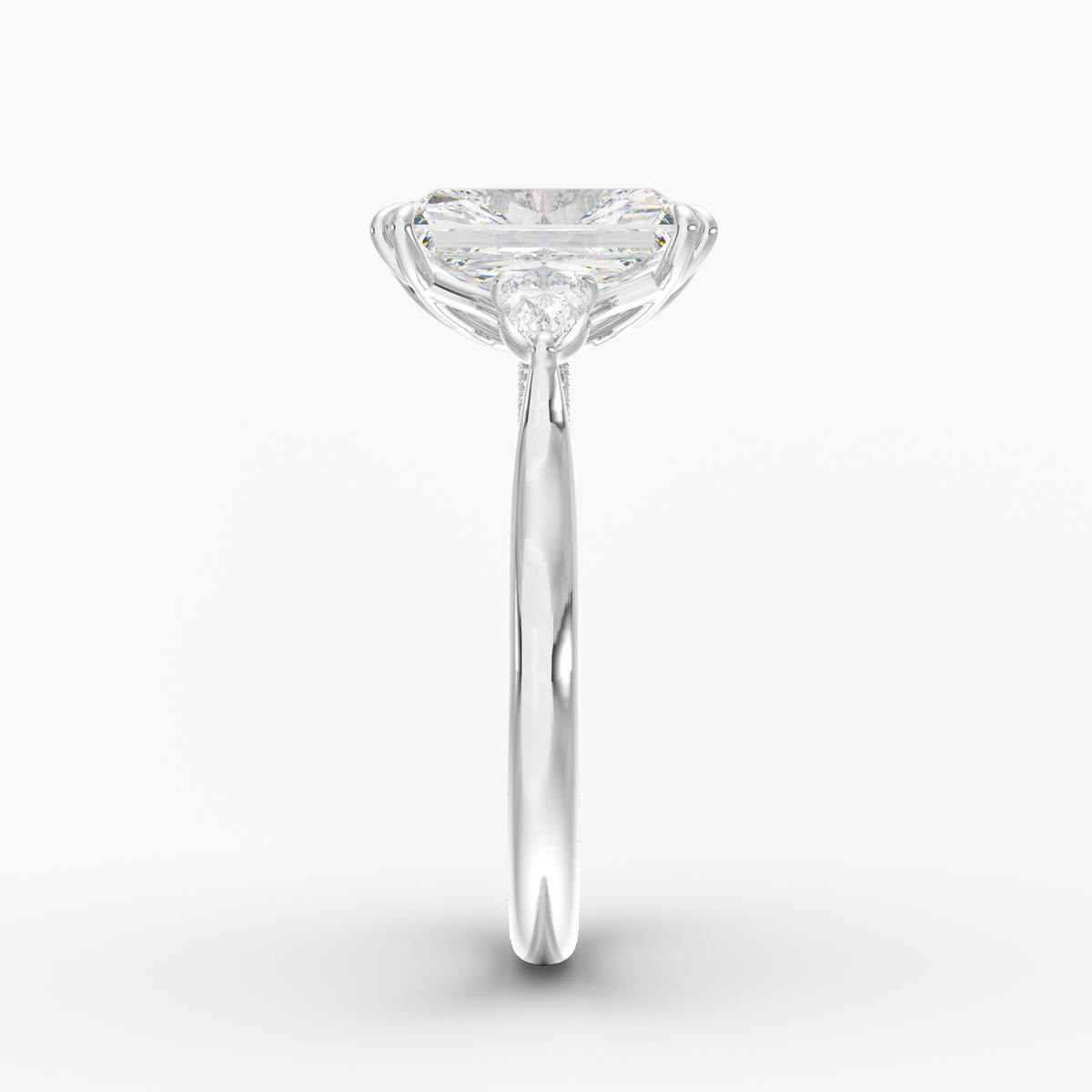 Aurelian Radiant engagement ring setting in 18K white gold, side view.
