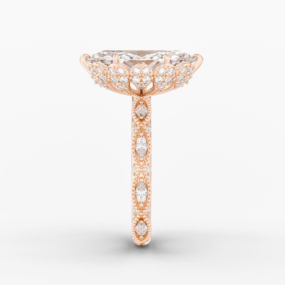 Solenne Marquise engagement ring setting in 18K rose gold, side view.