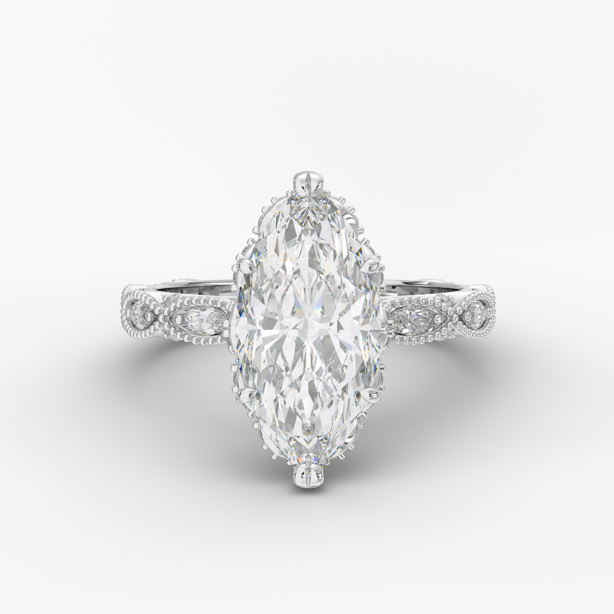 Solenne Marquise engagement ring setting in 18K white gold, front view.