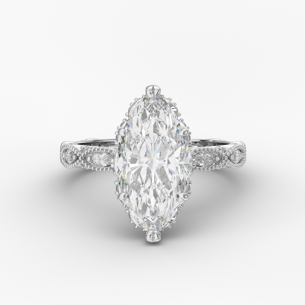 Solenne Marquise engagement ring setting in 18K white gold, side view.