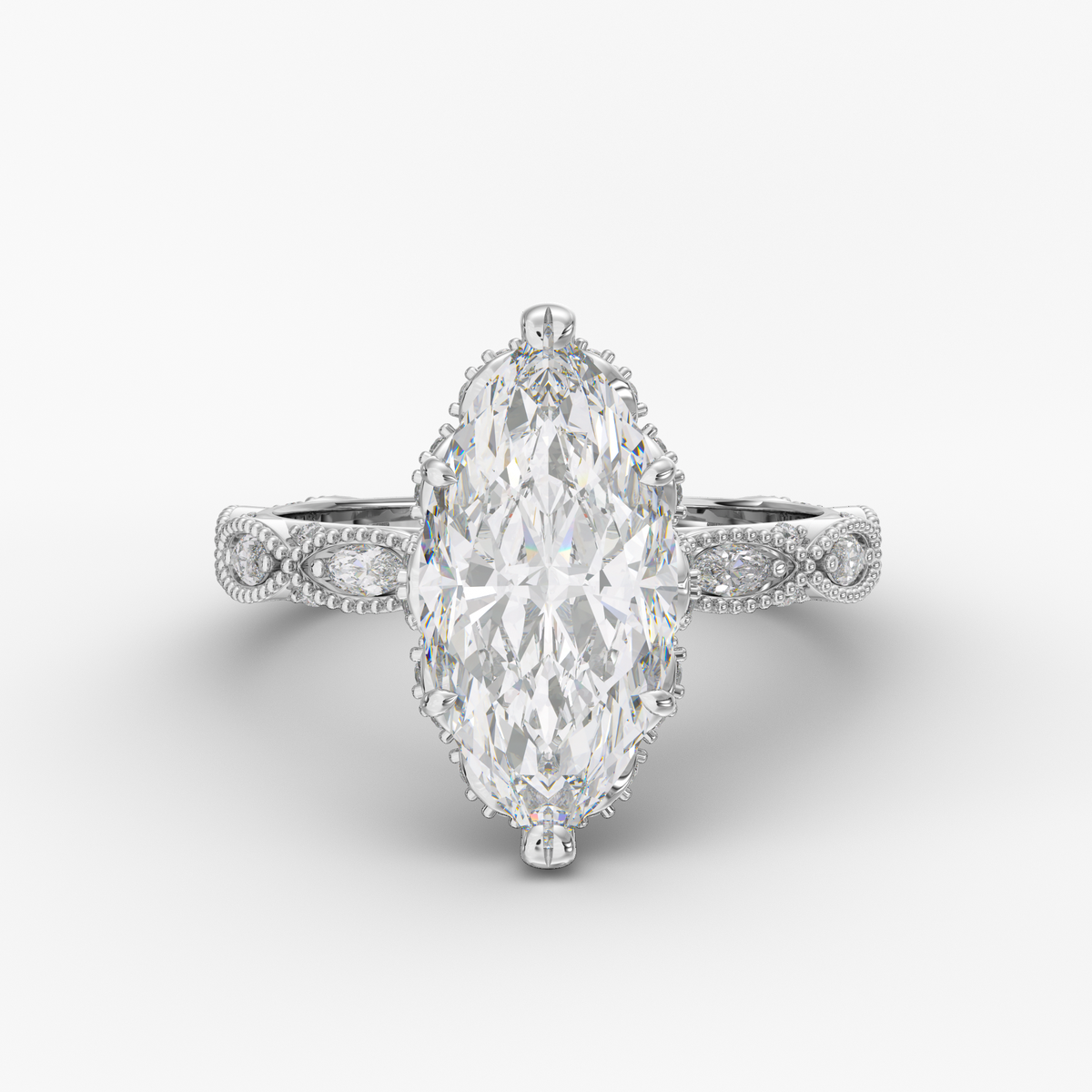 Solenne Marquise engagement ring setting in 18K white gold, side view.