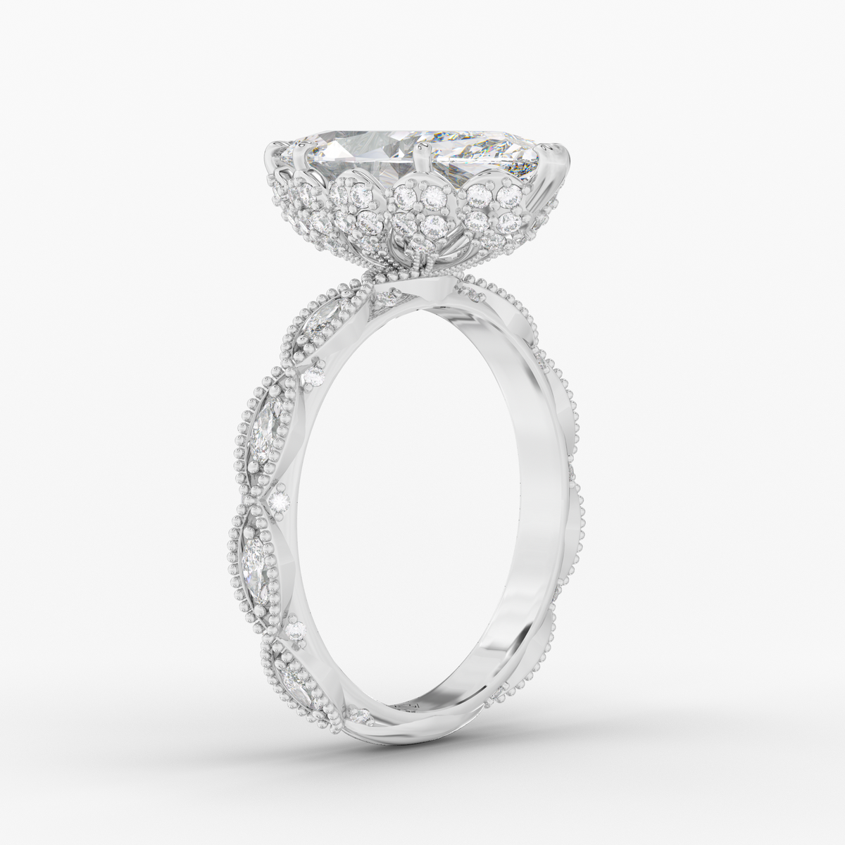 Solenne Marquise engagement ring setting in 18K white gold, three-quarter view.