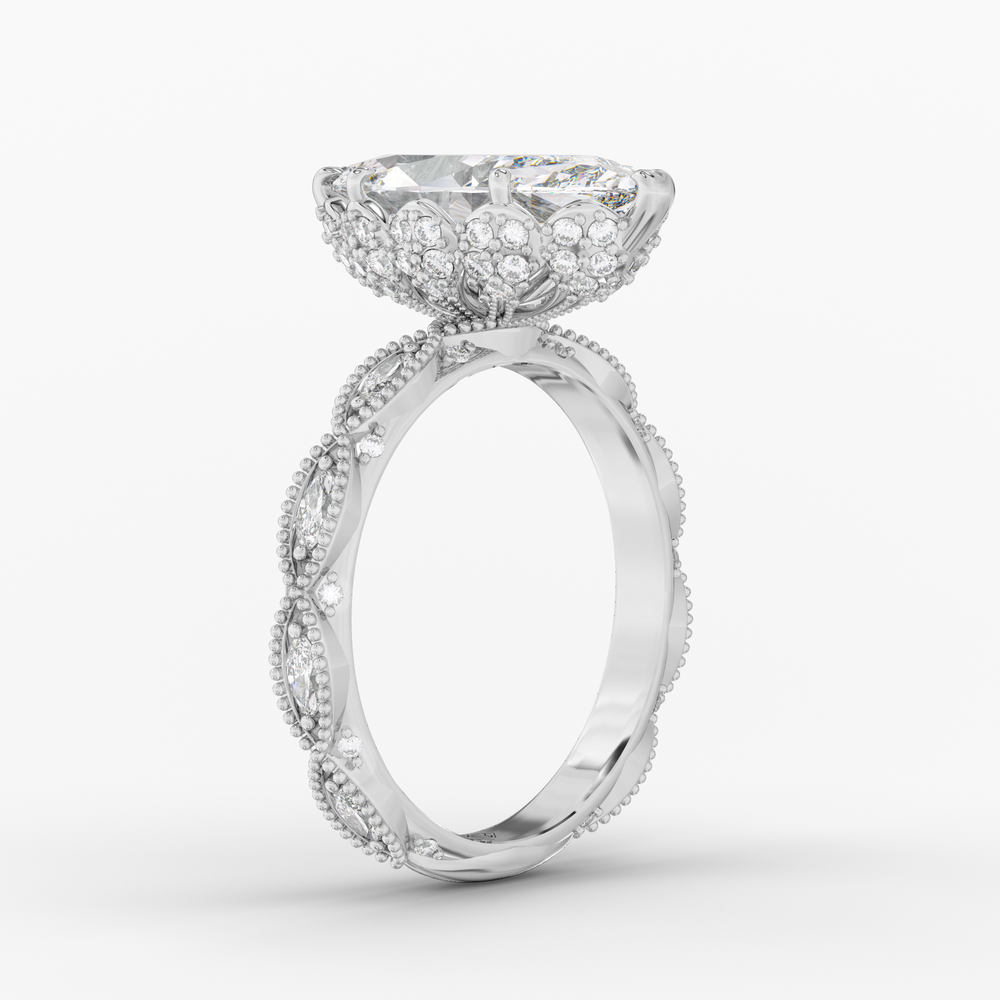 Solenne Marquise engagement ring setting in 18K white gold, side view.
