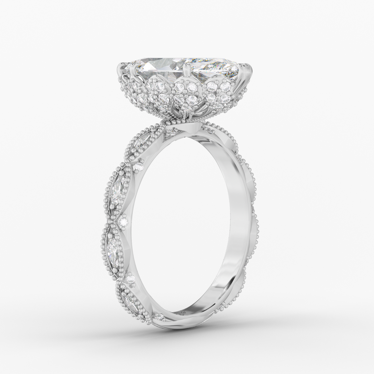 Solenne Marquise engagement ring setting in 18K white gold, side view.