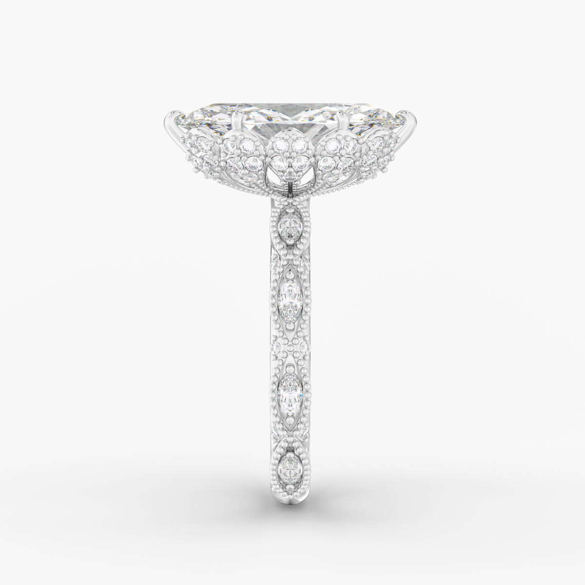 Solenne Marquise engagement ring setting in 18K white gold, side view.