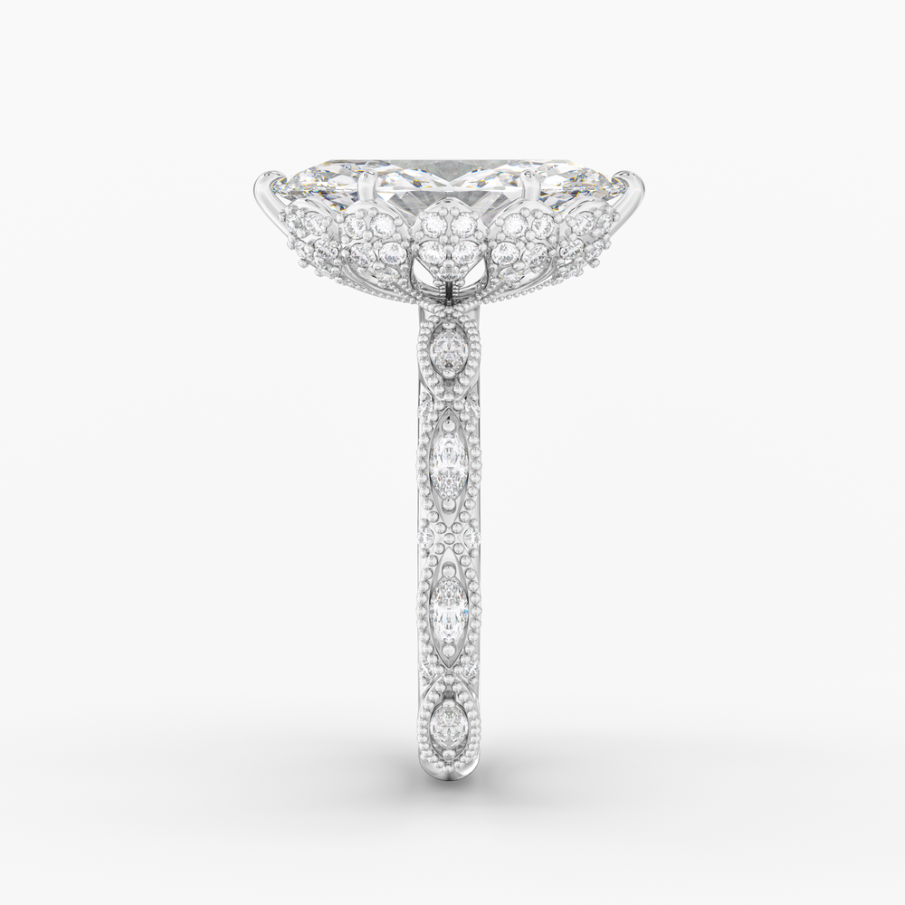 Solenne Marquise engagement ring setting in 18K white gold, side view.