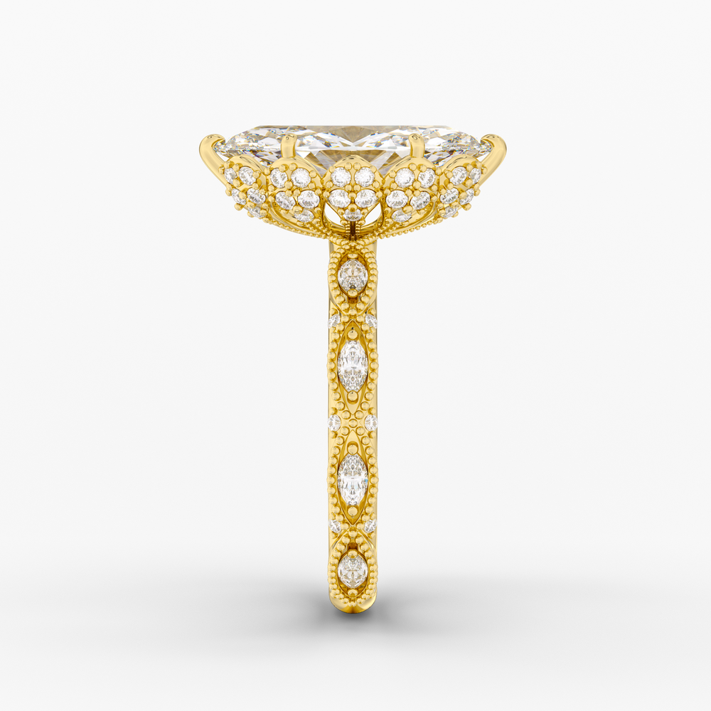 Solenne Marquise engagement ring setting in 18K yellow gold, side view.