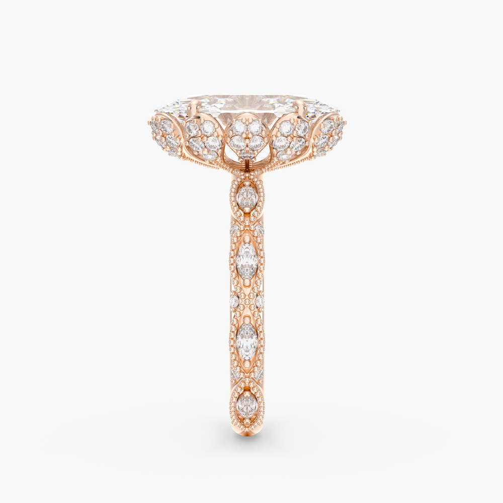 Solenne Oval engagement ring setting in 18K rose gold, side view.