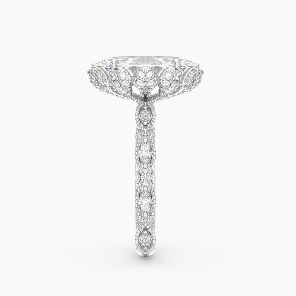 Solenne Oval engagement ring setting in 18K white gold, side view.