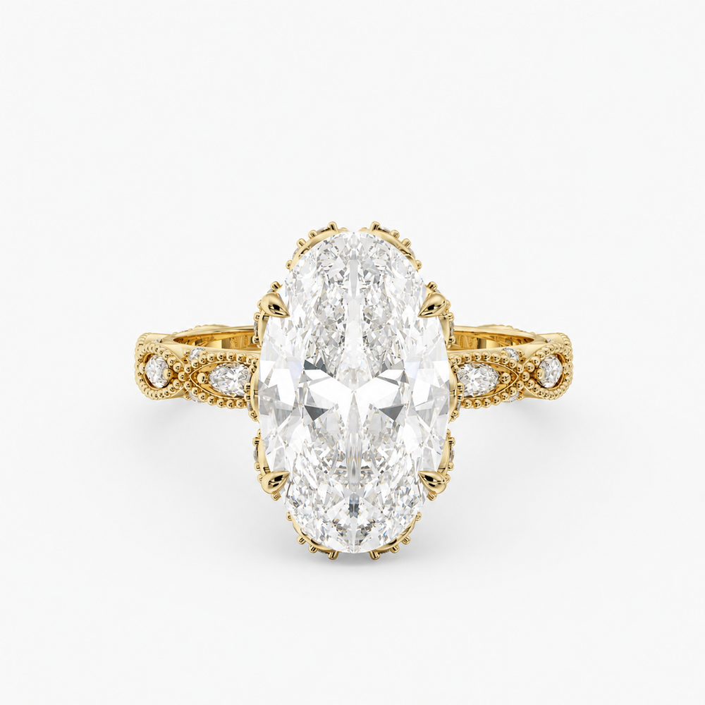 Solenne Oval engagement ring setting in 18K yellow gold, side view.