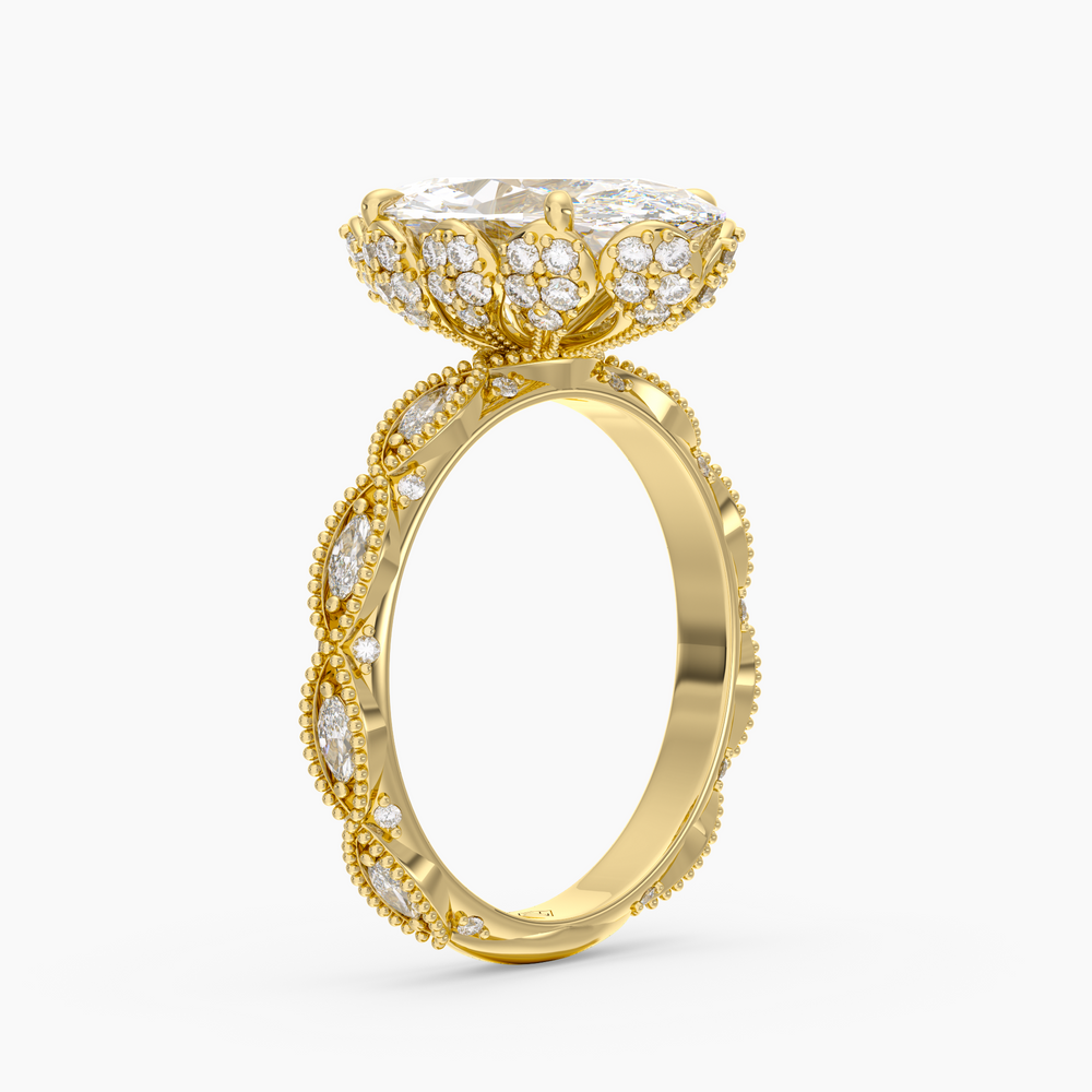 Solenne Oval engagement ring setting in 18K yellow gold, three-quarter view.