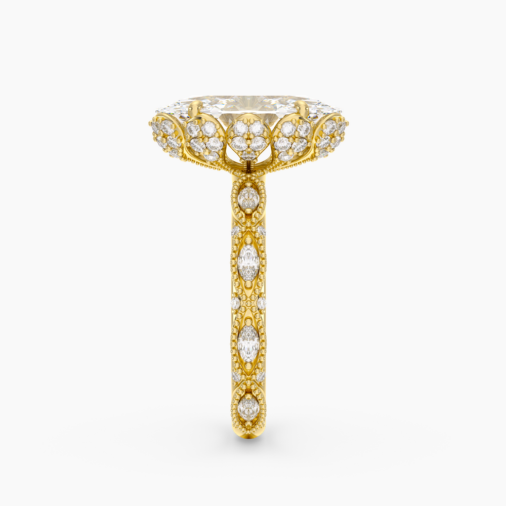 Solenne Oval engagement ring setting in 18K yellow gold, side view.