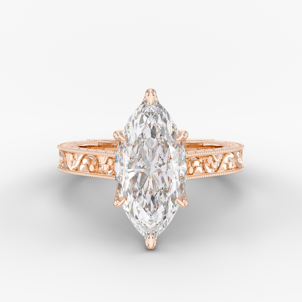 Florent Marquise engagement ring setting in 18K rose gold, front view.