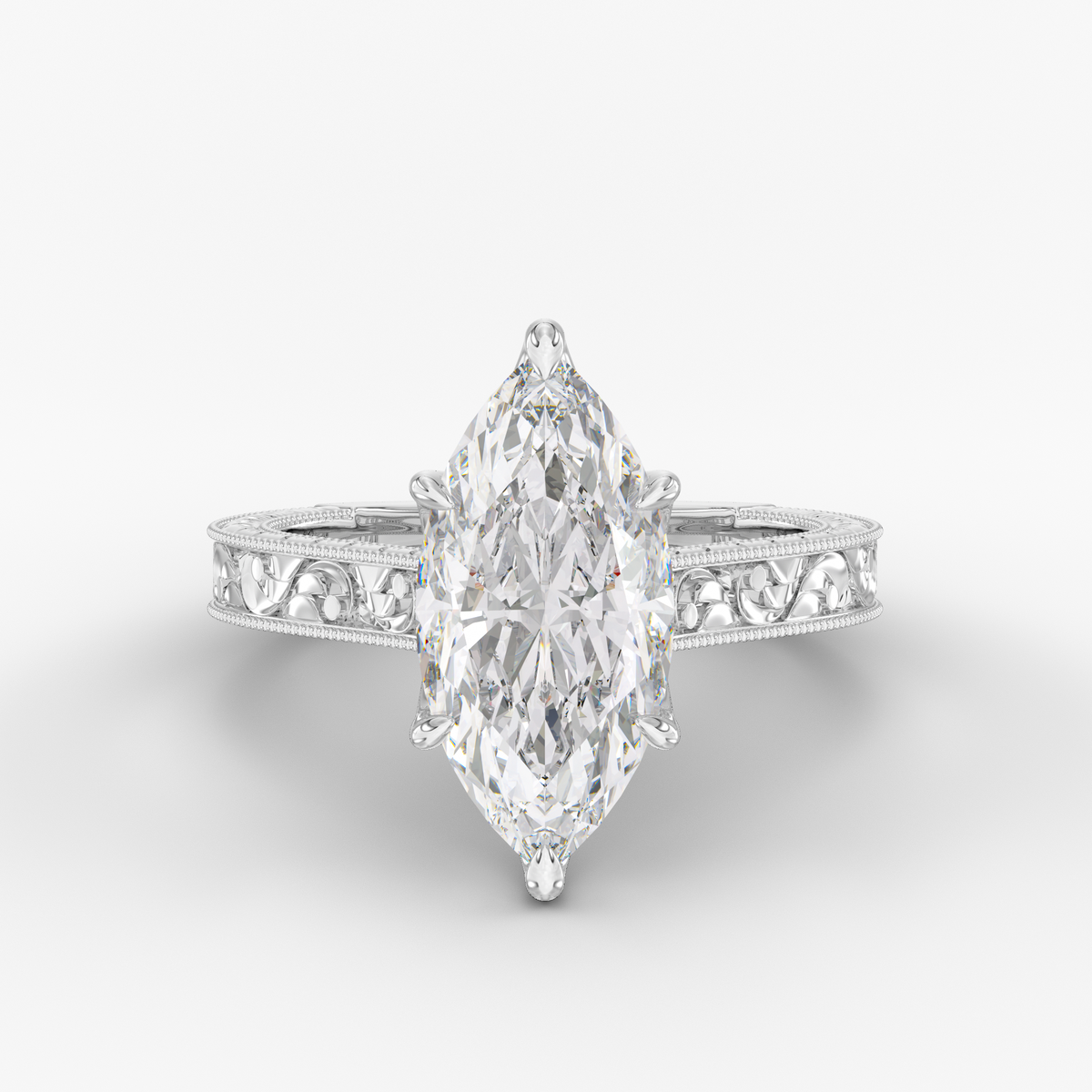 Florent Marquise engagement ring setting in 18K white gold, front view.