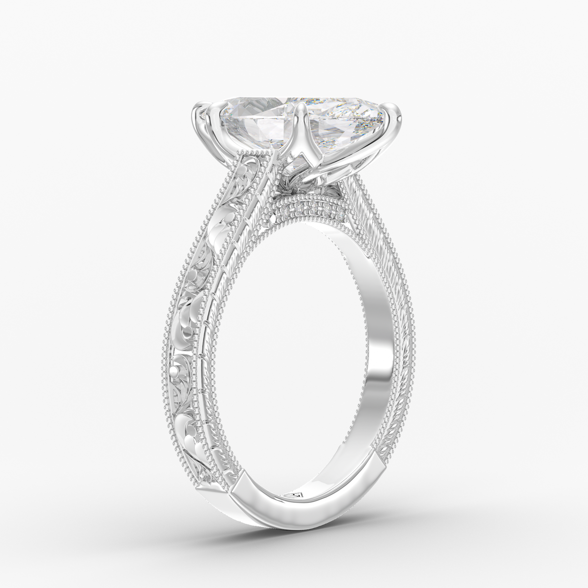 Florent Marquise engagement ring setting in 18K white gold, three-quarter view.