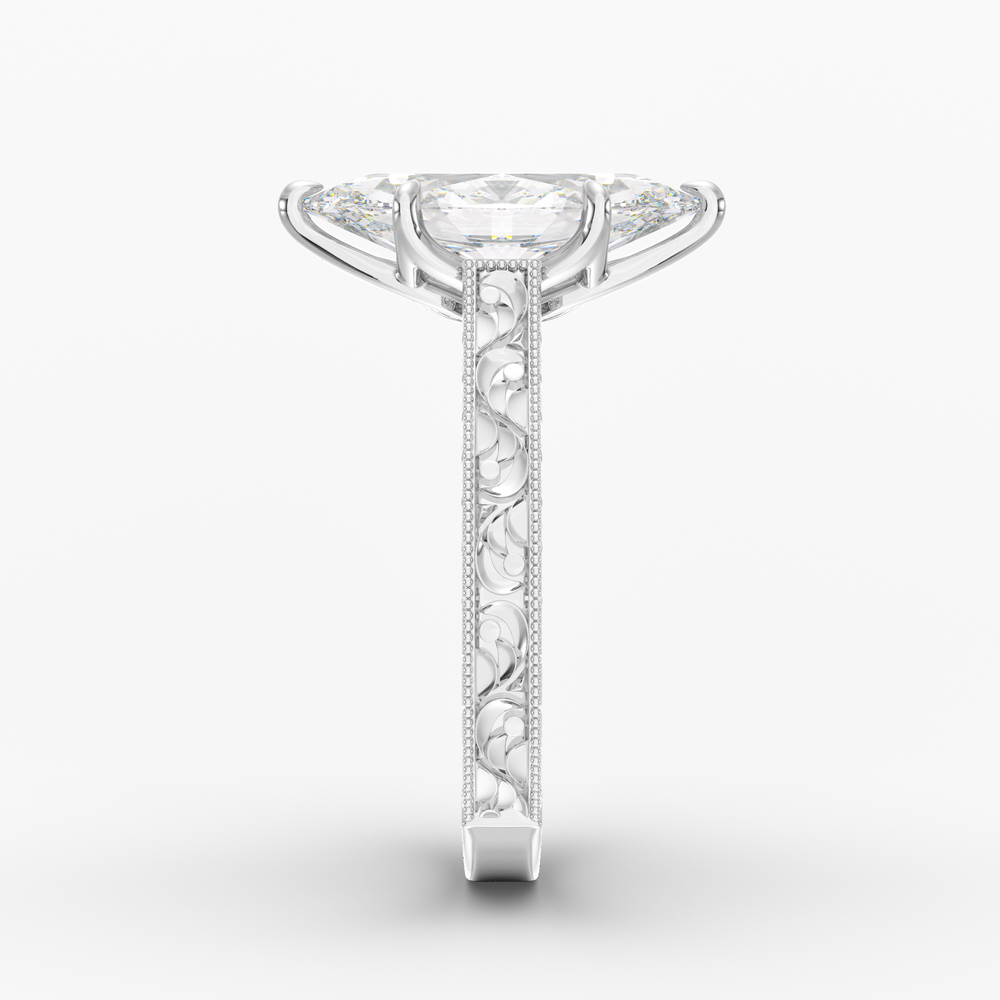 Florent Marquise engagement ring setting in 18K white gold, side view.