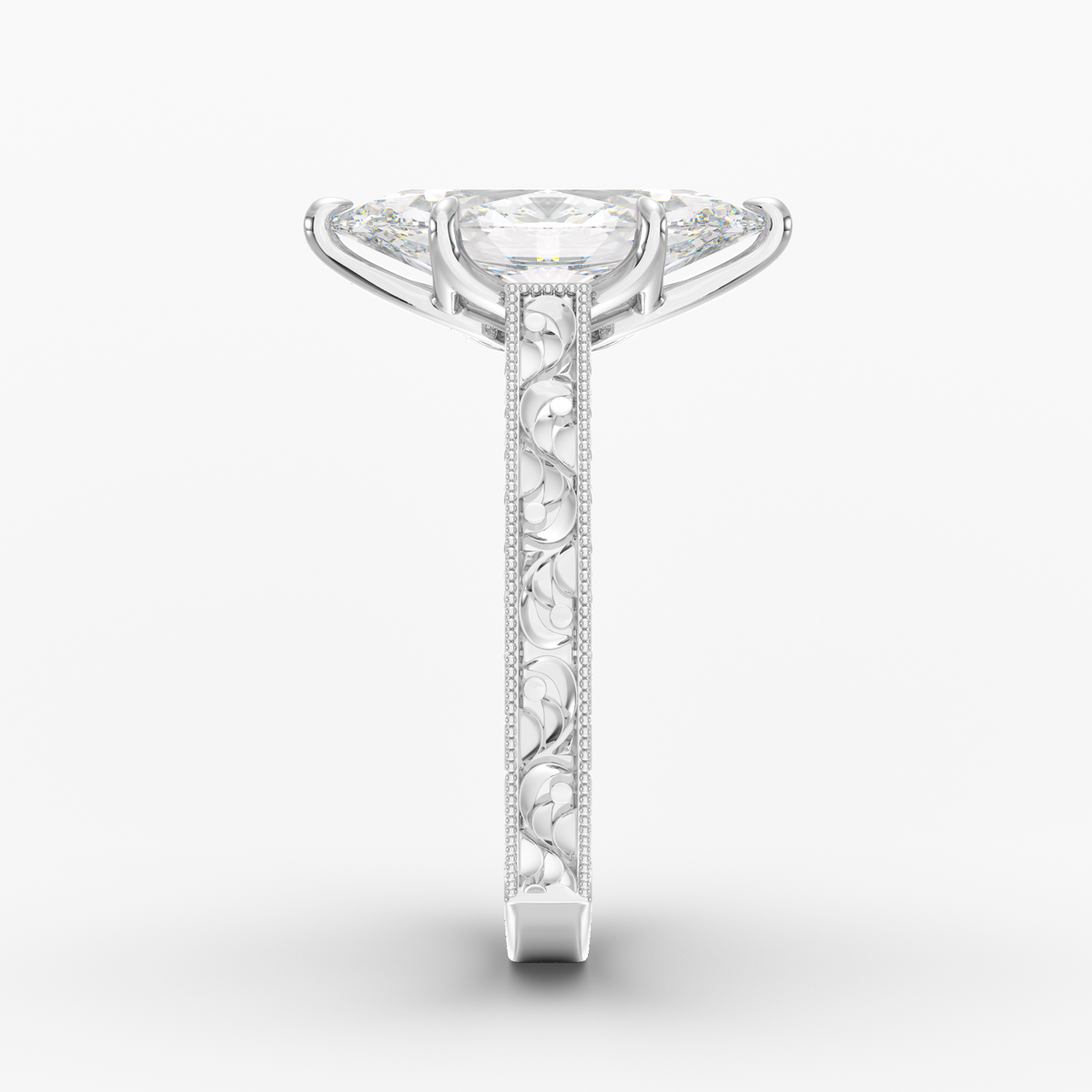 Florent Marquise engagement ring setting in 18K white gold, side view.