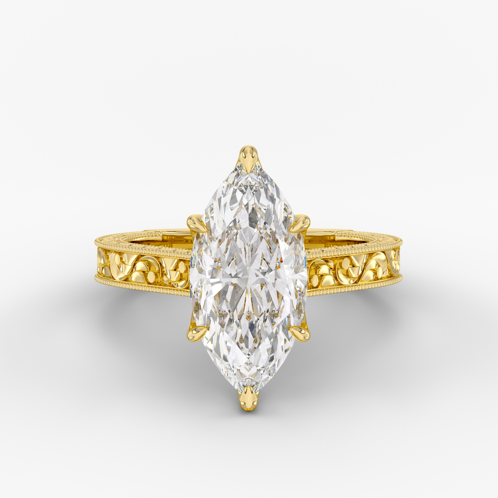 Florent Marquise engagement ring setting in 18K yellow gold, front view.