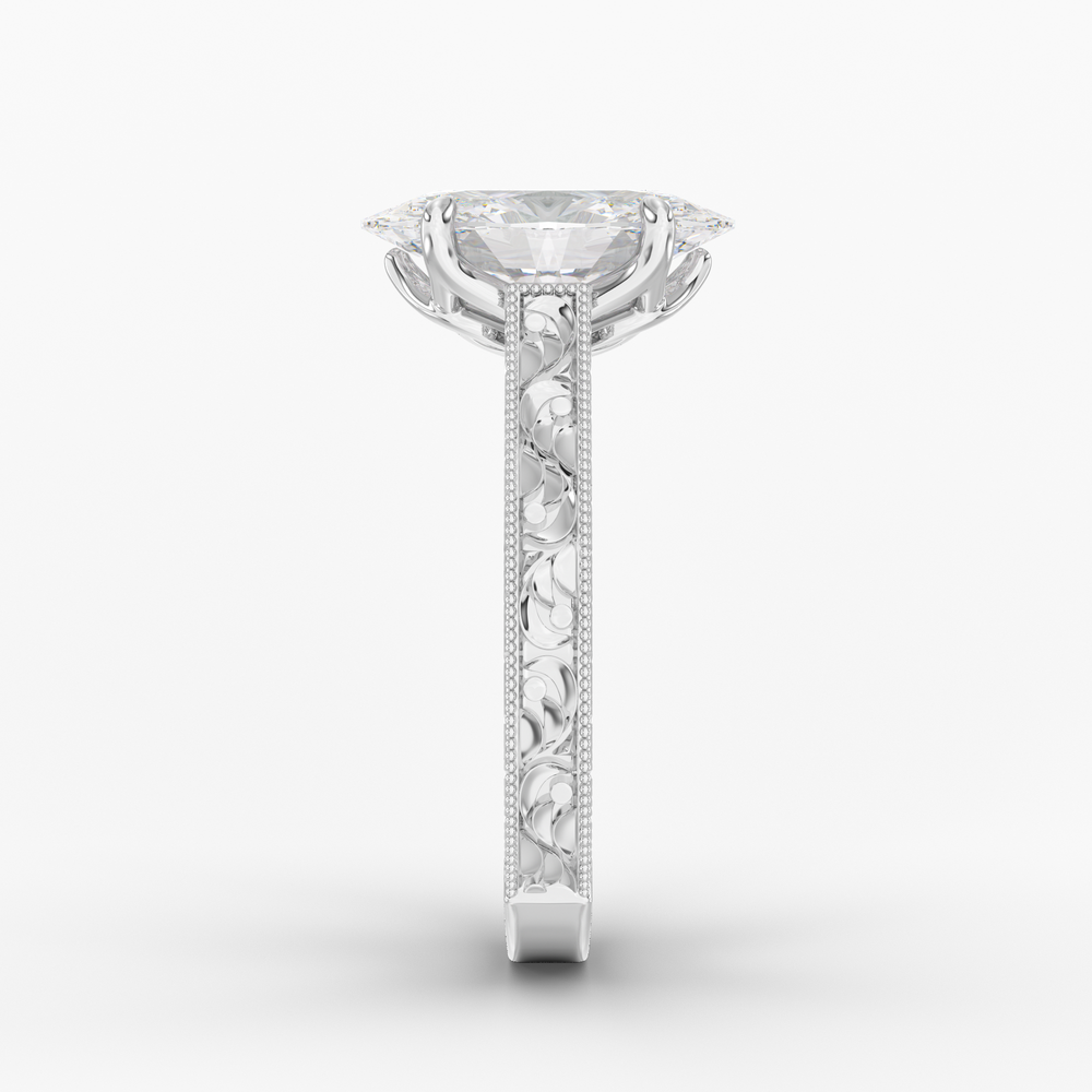 Florent Oval engagement ring setting in 18K white gold, side view.