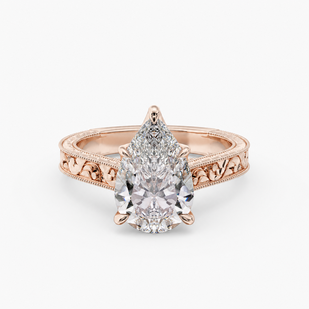 Florent Pear engagement ring setting in 18K rose gold, front view.