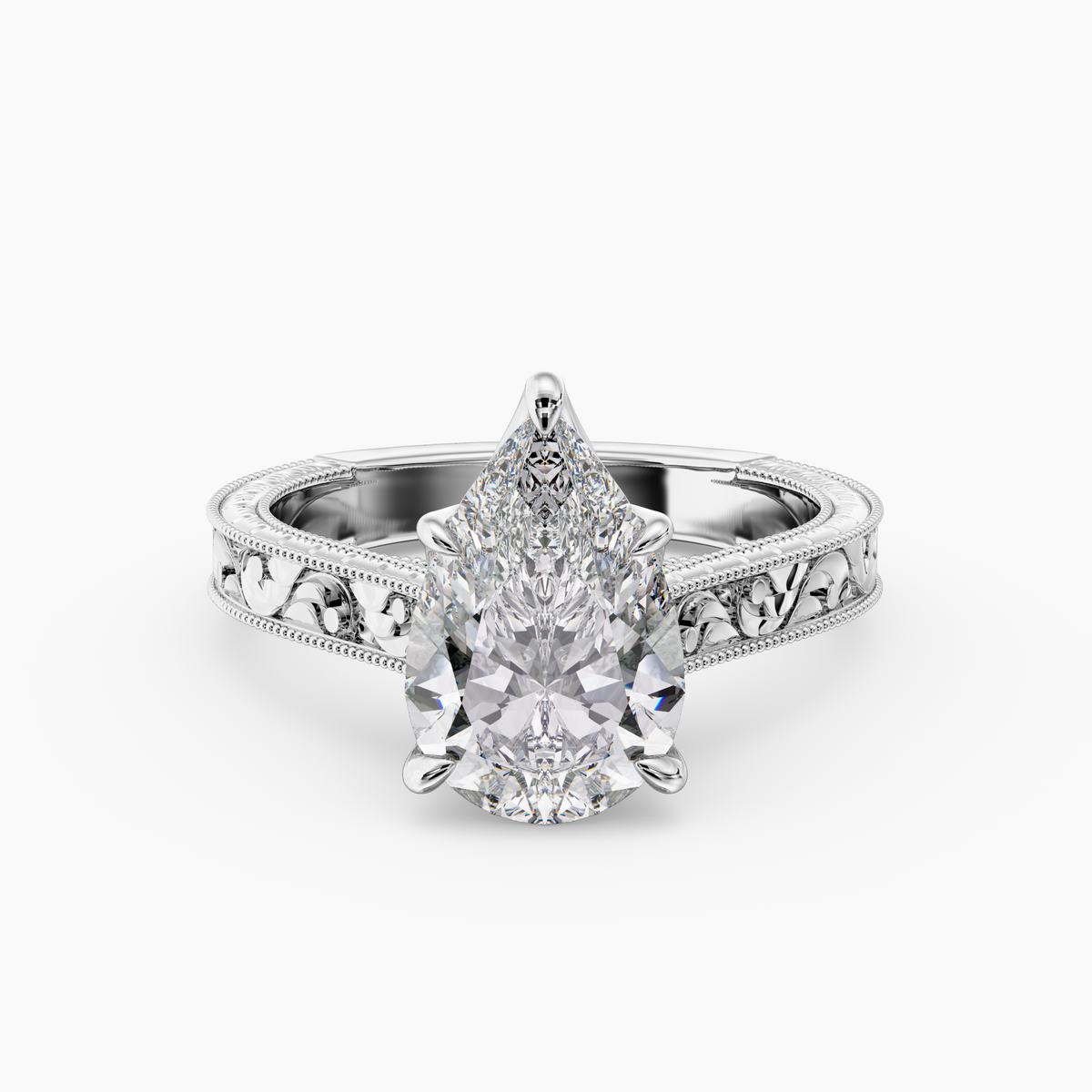 Florent Pear engagement ring setting in 18K white gold, front view.