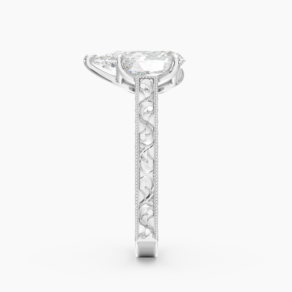 Florent Pear engagement ring setting in 18K white gold, front view.