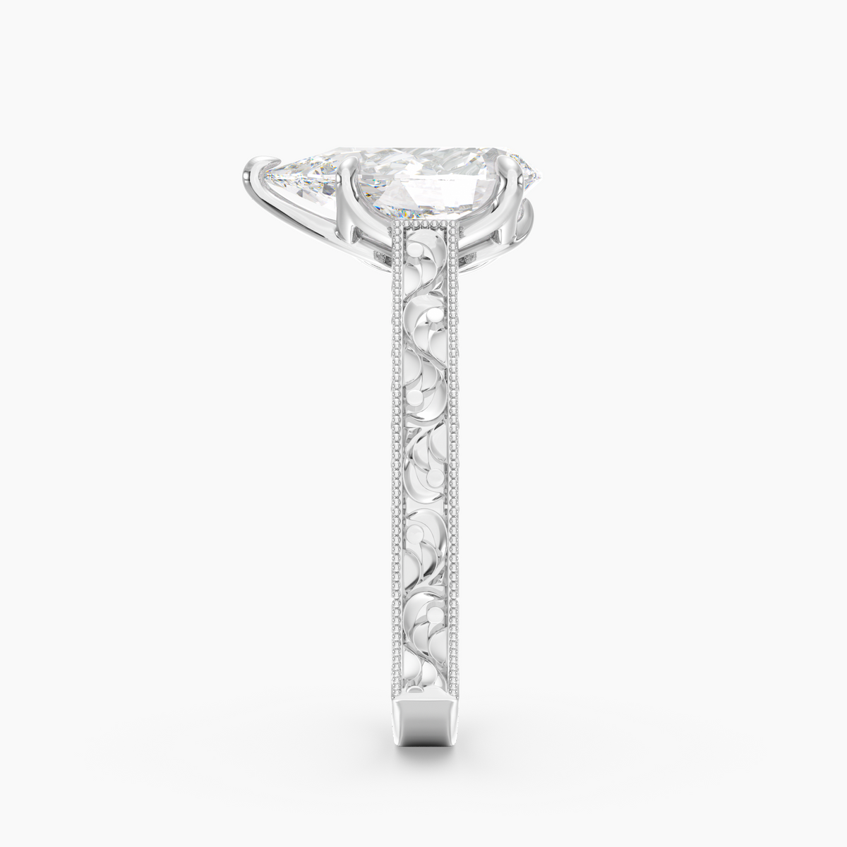 Florent Pear engagement ring setting in 18K white gold, front view.
