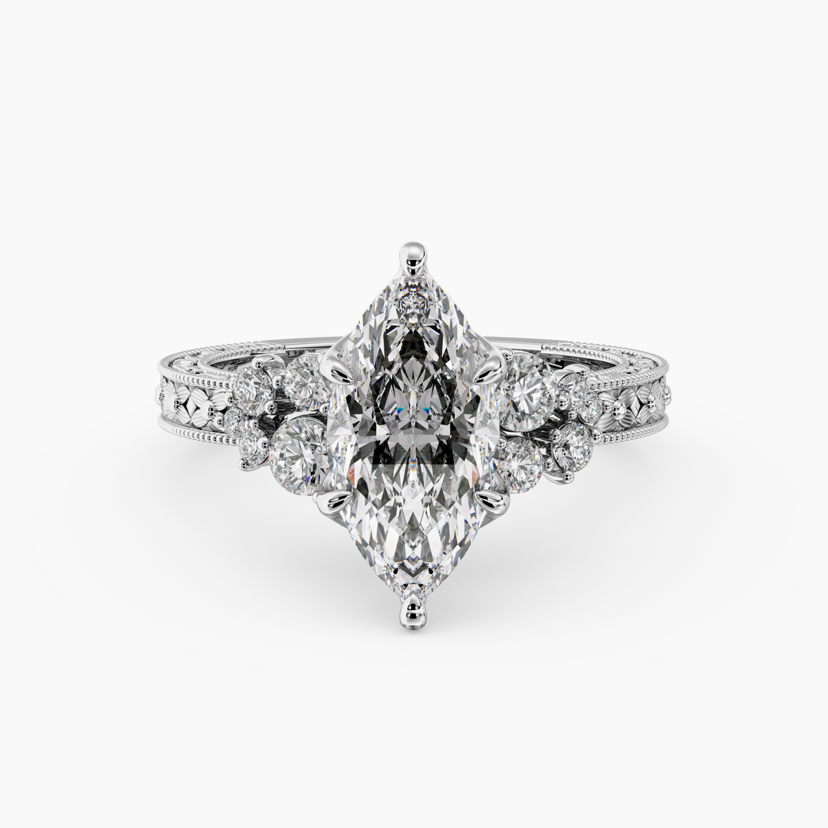 Valora Marquise engagement ring setting in 18K white gold, front view.
