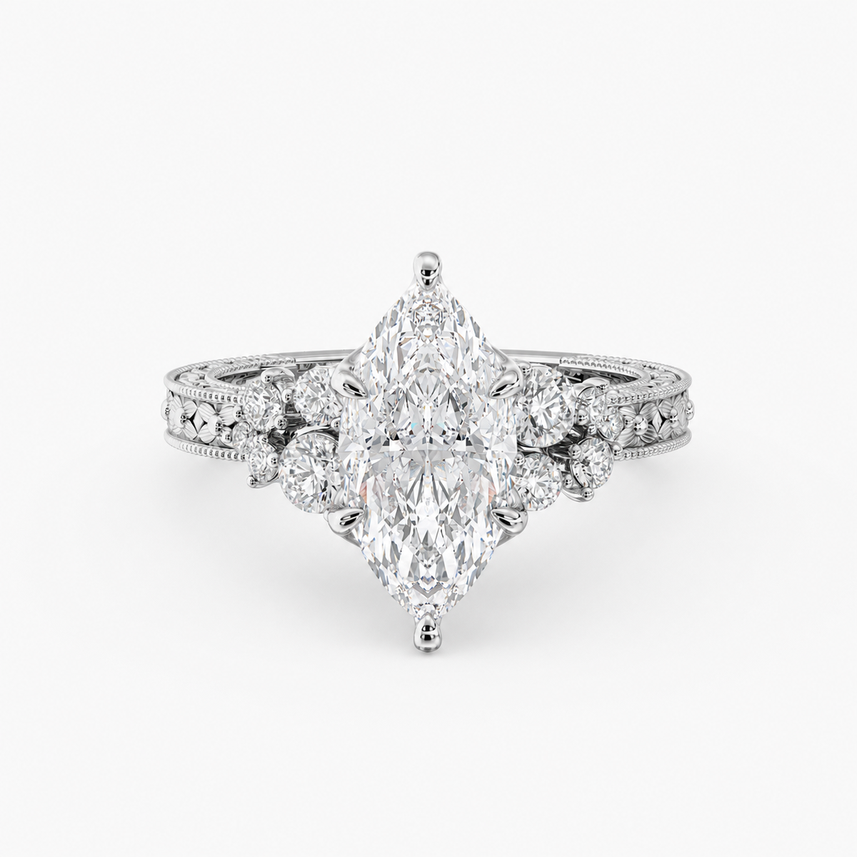 Valora Marquise engagement ring setting in 18K white gold, front view.