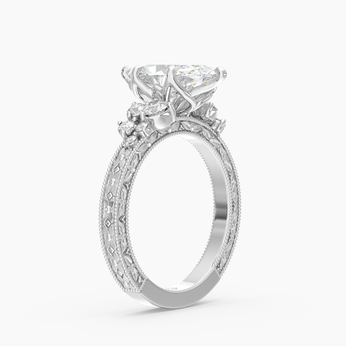 Valora Marquise engagement ring setting in 18K white gold, three-quarter view.