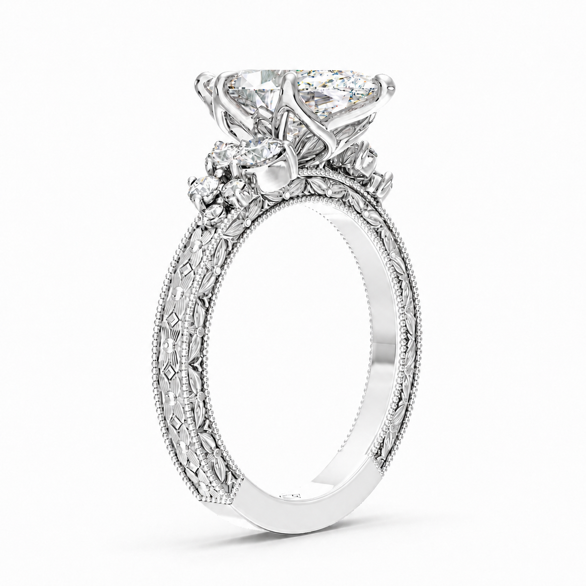 Valora Marquise engagement ring setting in 18K white gold, front view.