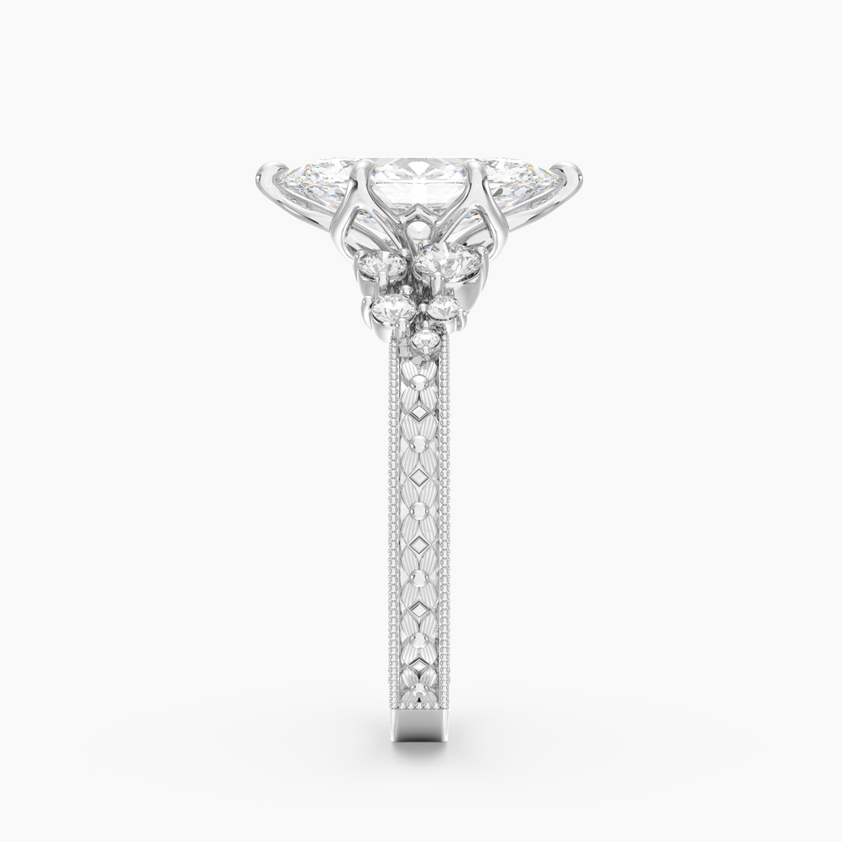 Valora Marquise engagement ring setting in 18K white gold, side view.