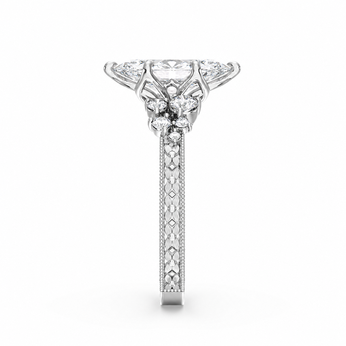 Valora Marquise engagement ring setting in 18K white gold, front view.