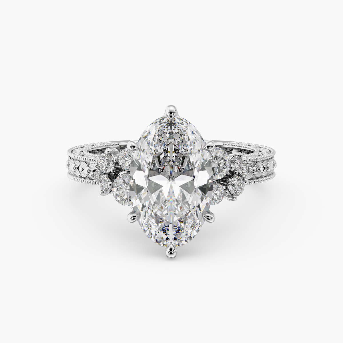 Valora Oval engagement ring setting in 18K white gold, front view.