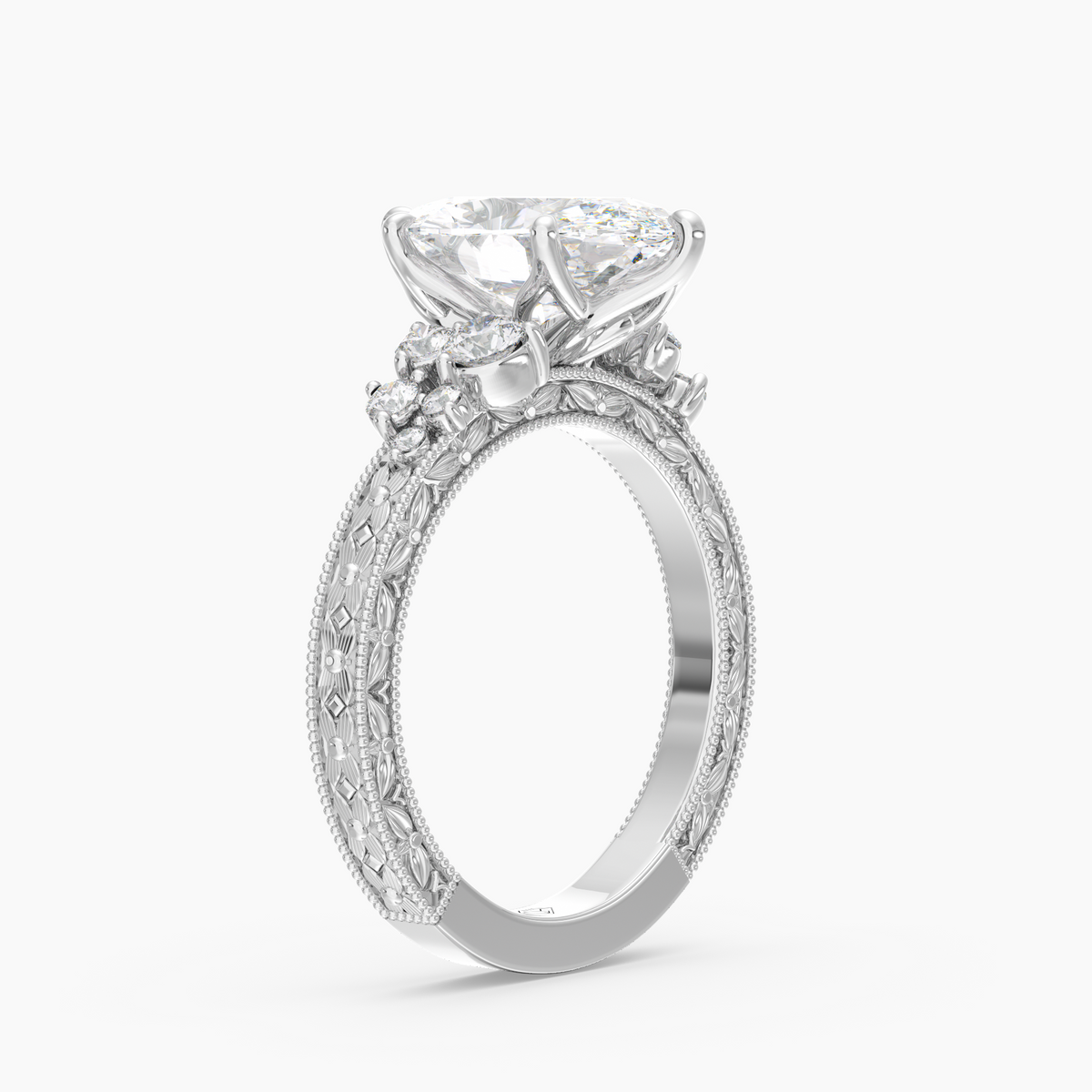 Valora Oval engagement ring setting in 18K white gold, three-quarter view.