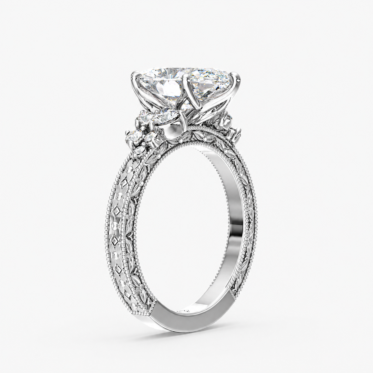 Valora Oval engagement ring setting in 18K white gold, front view.