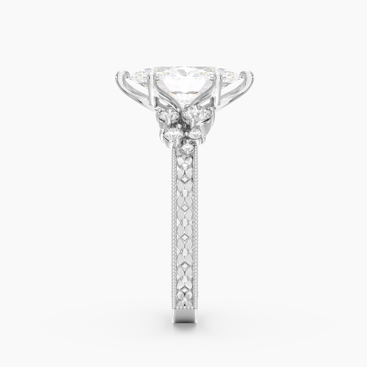 Valora Oval engagement ring setting in 18K white gold, side view.