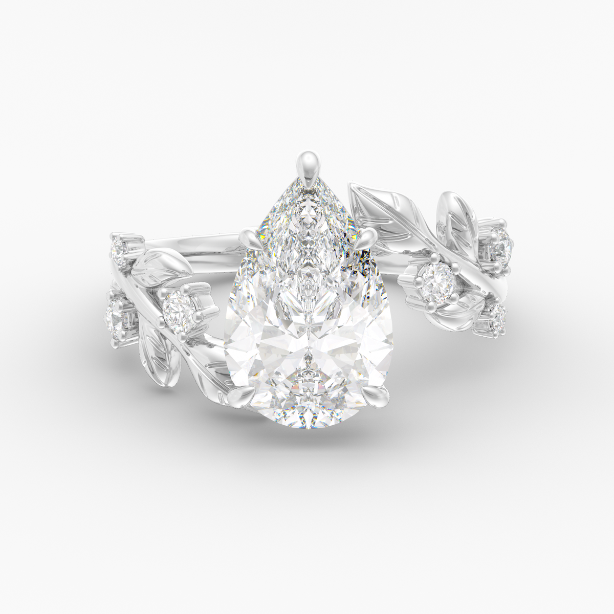 Ember Pear engagement ring setting in 18K white gold, front view.