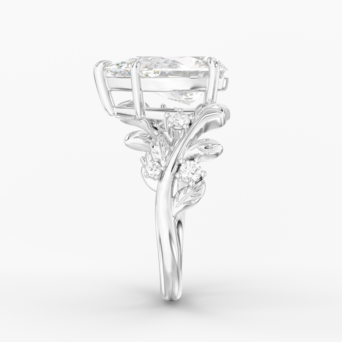 Ember Pear engagement ring setting in 18K white gold, side view.