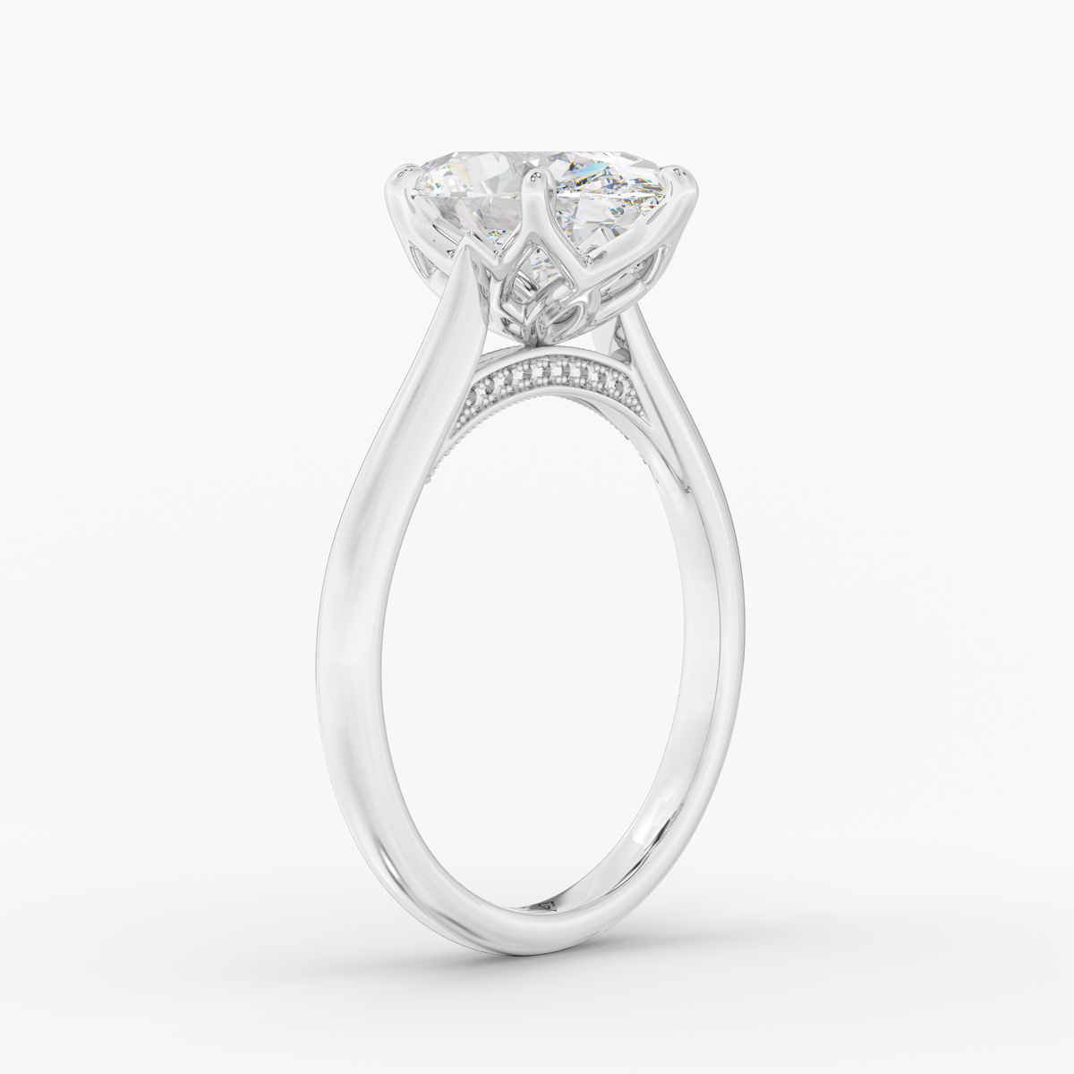 Luma Oval engagement ring setting in 18K white gold, three-quarter view.