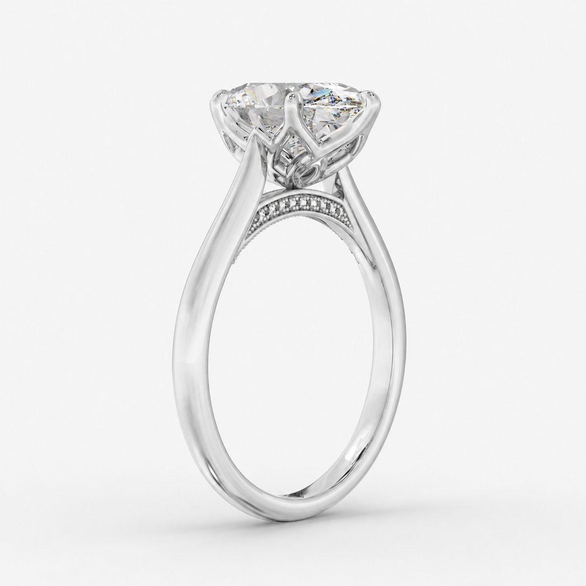 Luma Oval engagement ring setting in 18K white gold, front view.