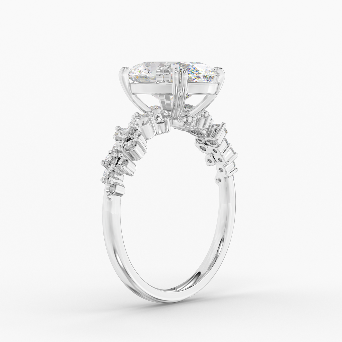 Vireo Oval engagement ring setting in 18K white gold, three-quarter view.