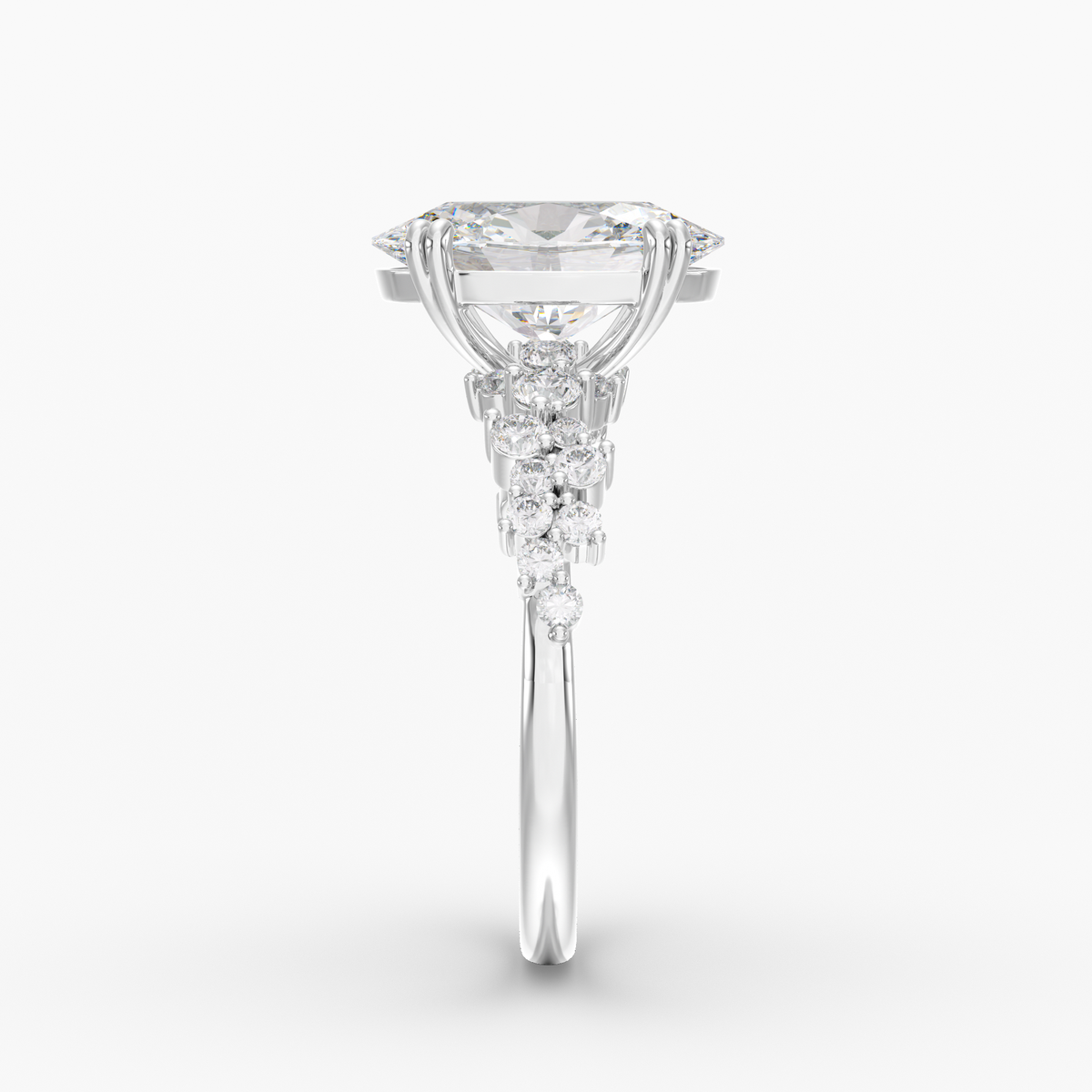 Vireo Oval engagement ring setting in 18K white gold, side view.